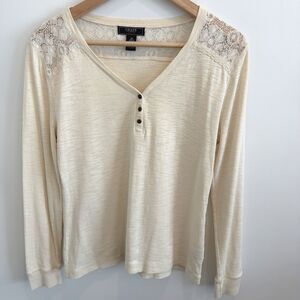 Chaps Womens M Henley Shirt Ivory Lace Trim Western Boho Soft Girl Cottage Rodeo